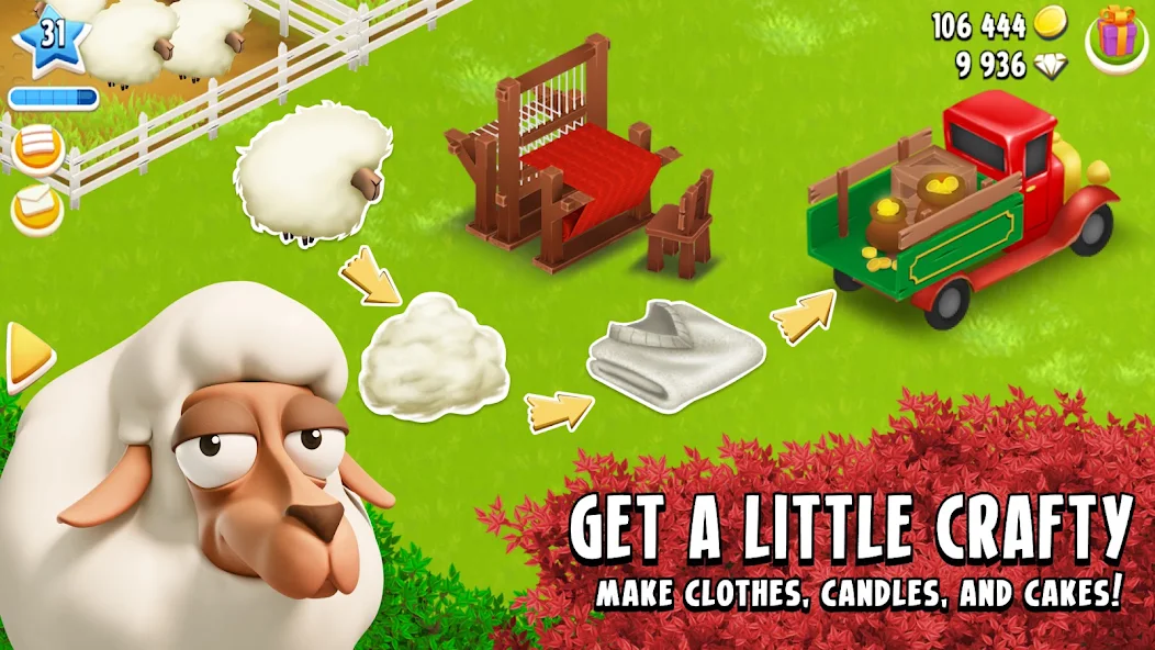 Official Hay Day image showing sheep and production equipment
