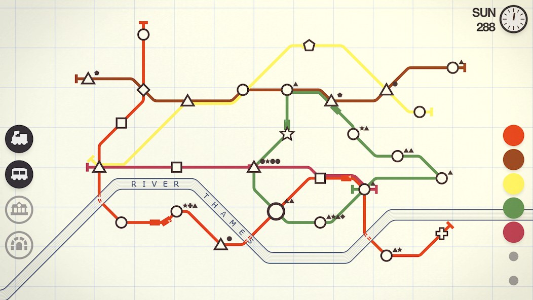 Mini Metro official mobile screenshot showing several connected transit lines